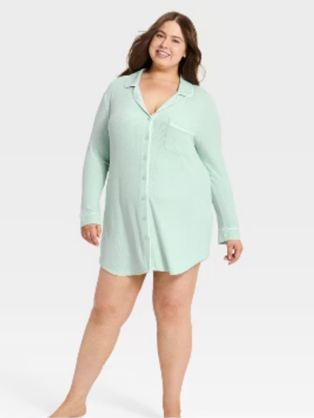 Auden Plus Size Women's Cozy Ribbed Notch Collar Pajama Gown mint Green XXL